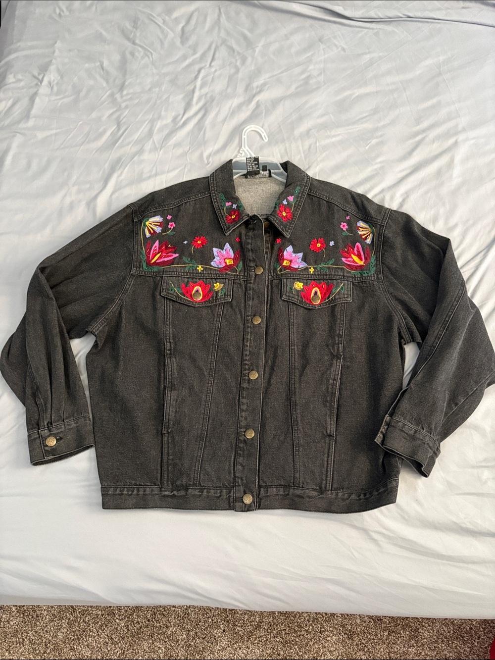 Embroidered Black Denim Jacket with Floral Accents Carole Little
